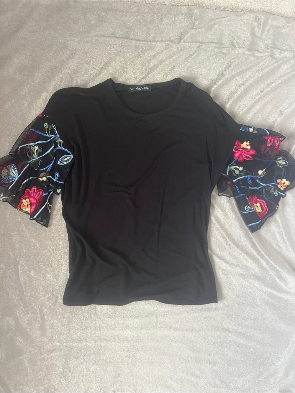 Kim & Cami Black Tee with Embroidered Floral Flutter Sleeves